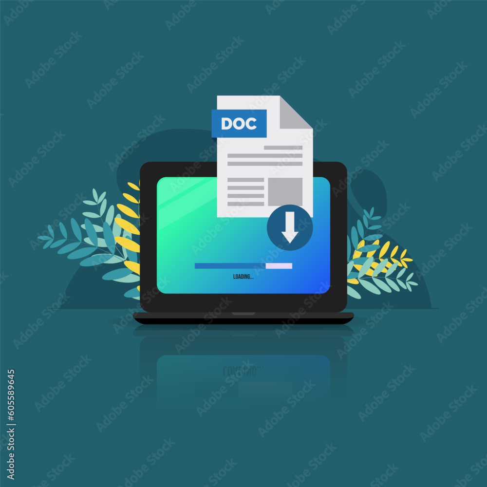 DOC format file on laptop screen. Downloading file with DOC label ...