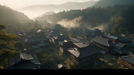 Poster - Ariel view of ancient Japanese town in misty morning