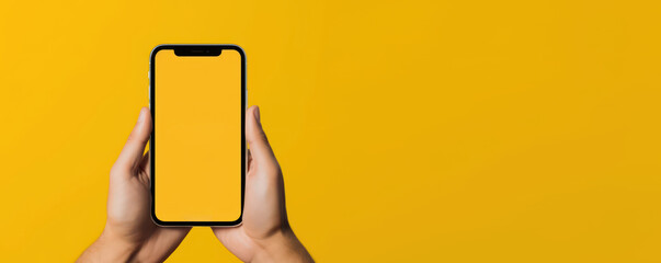 Hand holding smartphone isolated on yellow background. Generative AI