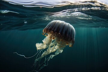 Sticker - jellyfish drifting in the ocean currents, created with generative ai