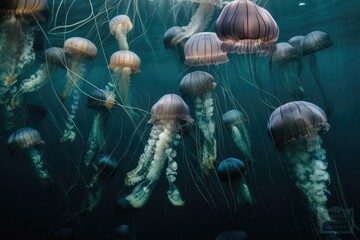 Wall Mural - school of jellyfish swimming in the ocean currents, created with generative ai