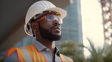 Portrait of confident African-American worker in hardhat at construction site.Generative Ai