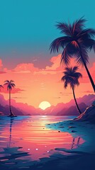 Wall Mural - Coconut palms at pink tropical sunset over calm sea. Generative AI