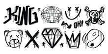 Set Of Black Graffiti Spray Elements. Collection Of Skull, Diamond, Crown, Emoji, Arrow, King. Airbrush Urban Style Drawing Graphics On White Isolated Background For Fashion And Prints.