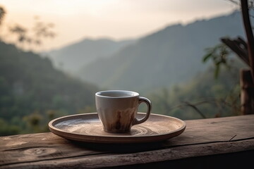 Hot coffee cup on table, camping time