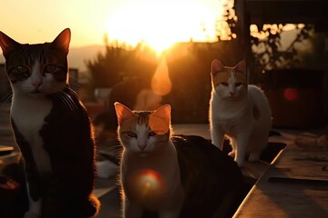 Wall Mural - sunset, with the sun setting behind a group of cats, their eyes shining in the light, created with g