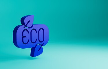 Wall Mural - Blue Leaf Eco symbol icon isolated on blue background. Banner, label, tag, logo, sticker for eco green. Minimalism concept. 3D render illustration