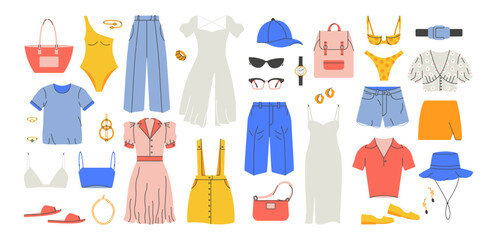 summer fashion clothes. cartoon dress trousers shirt skirt bag, vacation beach apparel swimsuit acce