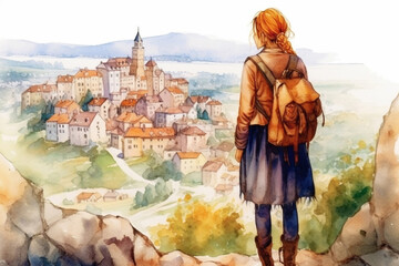 Illustration  in a watercolor style. Traveling girl with a backpack looking down from hill to beautiful town.  Viewed from behind. Generative AI.