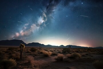 Wall Mural - night sky with stars and meteor shower over desert landscape, created with generative ai