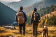 Couple with a backpack hiking with his beautiful dog in the mountains. Concept a sense of adventure and freedom. Generative Ai