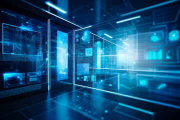 Digital image of a room crossed with horizontal and vertical neon lines. Cyber space concept. Generative AI.
