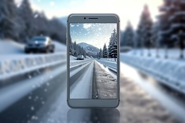 Sticker - Advertising of a snow-covered road. a snow-covered road in an isolated phone.Generative AI