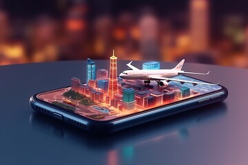 Aufkleber - The concept of leisure and travel, the plane over the phone.Generative AI