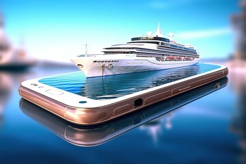 Aufkleber - The concept of a holiday at sea, sand and yacht in the phone.Generative AI