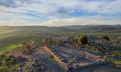 Sticker - The Temple of Athena ruin in Assos Ancient City. Panoramic view Drone shots. Canakkale, Turkey.