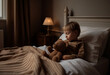 A kid in brown and white stripped pajamas laying in bed in the morning with teddy bear, generative ai