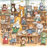 Fototapeta Pokój dzieciecy - Children's drawing of many animals sitting at the desk in the classroom. Generative AI.