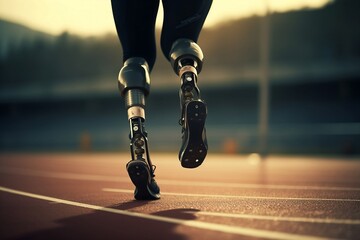 Athlete with prosthetic legs running on track, closeup. Generative AI.