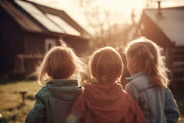 Three little girls standing in front of the house and looking at. Generative AI.