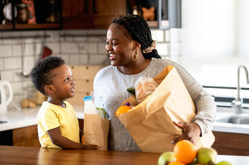 Cheerful African-American mother and son in the kitchen. Son helps a mother to bring in groceries after a grocery-shopping