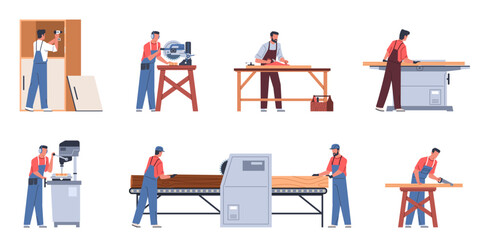 Carpenters characters with furniture. Cartoon men in workwear engaged in wood processing, sawing, drilling and planing, making process cartoon flat isolated illustration, nowaday vector set