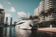 Luxury Yacht Docked Among Expensive Homes On Las Olas Dr In Fort Lauderdale, Florida, USA. Generative AI