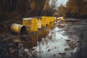 Sticker - close-up of toxic waste spill, with hazardous chemicals seeping into the environment, created with generative ai