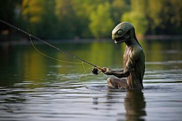 Wall Mural - alien with fishing rod, casting line into peaceful lake, created with generative ai