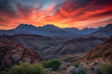 Wall Mural - majestic mountain range, with fiery canyon sunsets in the background, created with generative ai