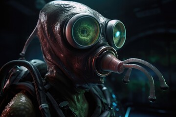 Wall Mural - close-up of alien, with futuristic goggles and breathing mask, traveling through the cosmos, created