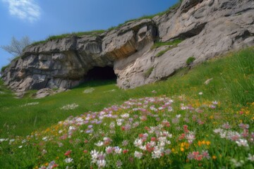 Canvas Print - mountain with cave-in, surrounded by blooming wildflowers, created with generative ai