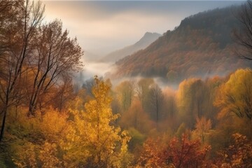 Sticker - autumn forest with foggy morning light, view of the mountain range in the background, created with generative ai