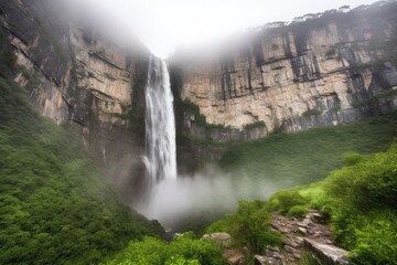 Sticker - majestic waterfall tumbling over ancient cliff face, with mist rising into the air, created with generative ai