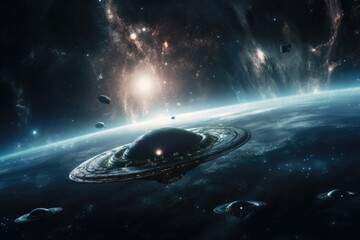 Wall Mural - alien life form floating in space, with view of distant planets and stars, created with generative a