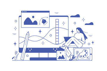 Wall Mural - graphic design line concept with people scene in the flat cartoon design. a graphic designer creates