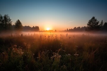 Wall Mural - sunrise, with the sun peeking over the horizon and illuminating misty meadow, created with generative ai