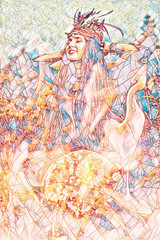 Poster - beautiful shamanic girl playing on shaman frame drum in the nature. Mosaic effect