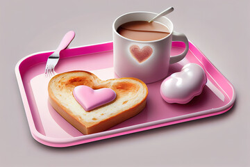 Wall Mural - Pink theme breakfast tray with coffee cup and heart toast. Generative Ai