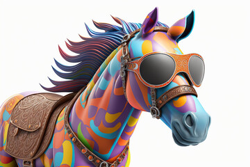 Wall Mural - Cartoon colorful horse in sunglasses on isolated background, generative ai