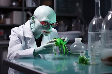 Wall Mural - alien scientist, observing frog's reaction to experiment involving hot water, created with generativ