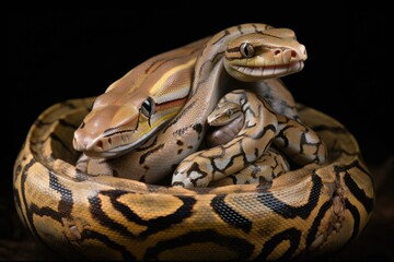 Canvas Print - reticulated python coiled around newborn animal in shot, created with generative ai