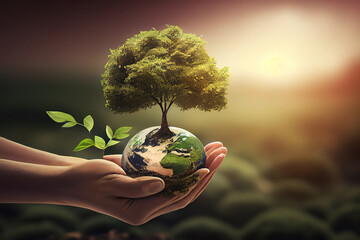 Wall Mural - World Environment Day concept: hand holding tree planting and earth on green nature. Generative Ai