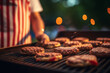 Close-up of a grill master flipping burgers, Independence Day, bokeh Generative AI