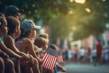 Friends And Family Watching A Parade From The Sidewalk, Independence Day, Bokeh Generative AI