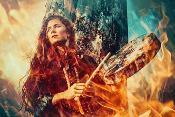 beautiful shamanic girl playing on shaman frame drum in the nature. Fire background.