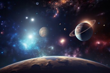 Wall Mural - stars and nebulas in a panoramic view of the universe, with planets and galaxies in the background, 