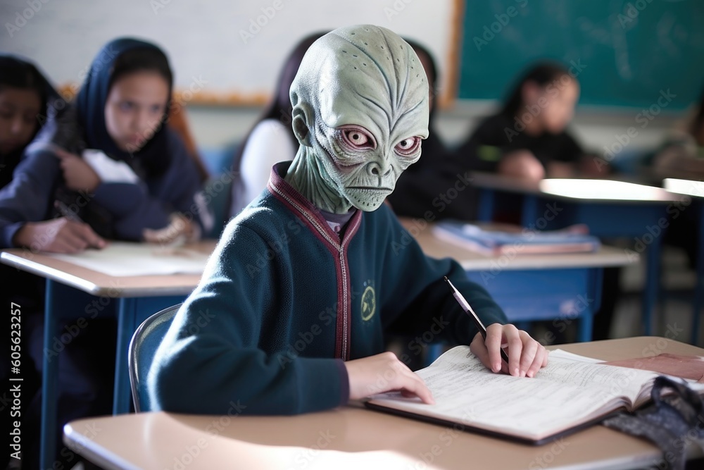 alien student, taking notes while teacher lectures, in classroom ...