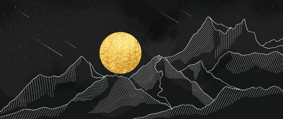 Luxury mountain wallpaper with night scenic landscape. Gold color full moon, galaxy, line art hills background vector. Design illustration for cover, invitation, packaging, fabric, poster, print.