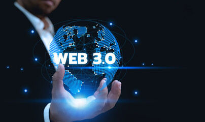 Businessman hand show web 3.0 with globe shape. Leveraging Web 3.0 Blockchain Future Technology, Global Futuristic, website development, Web 3.0 Internet Concept